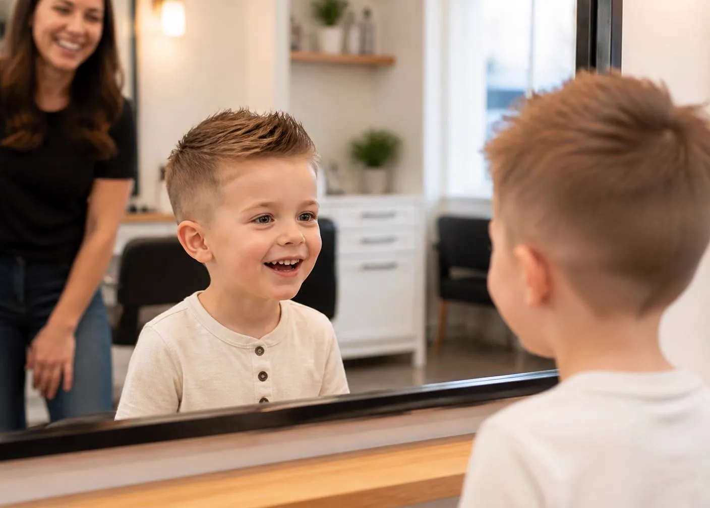 A child seeing their finished haircut for the first time