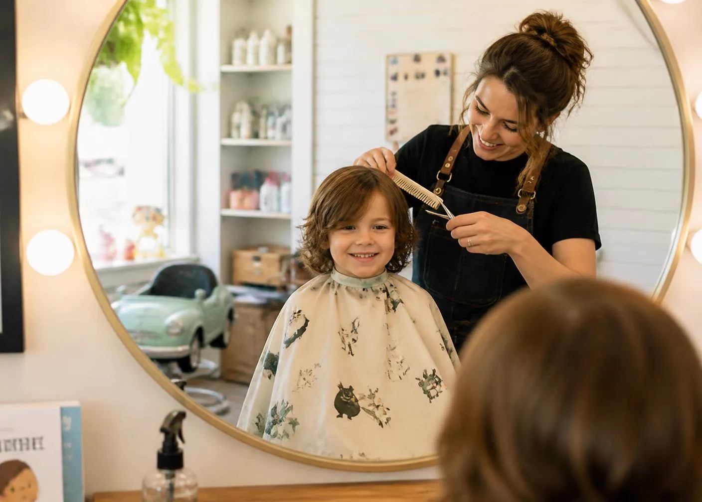 A stylist and child smiling together in the styling station mirror