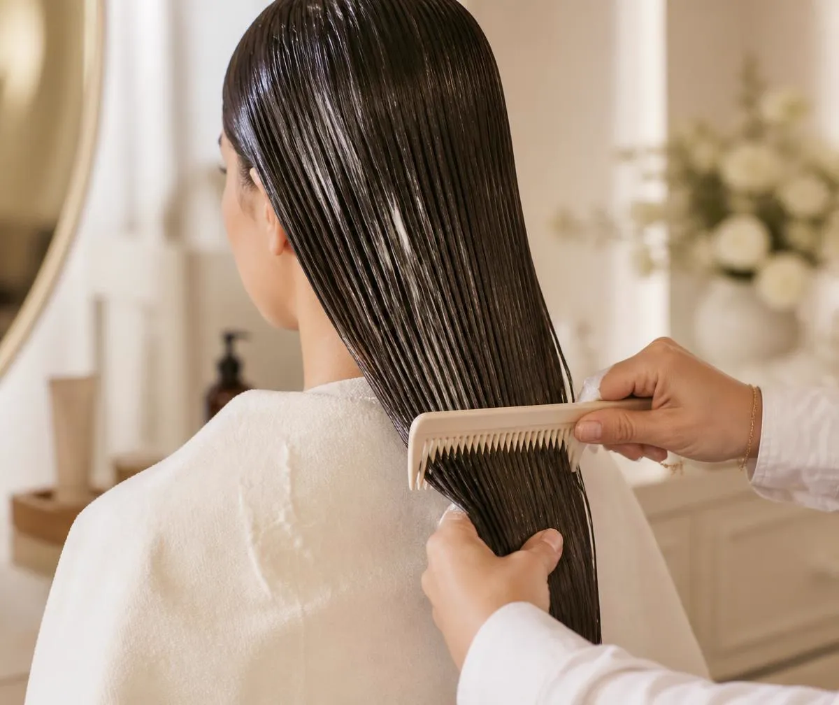 A conditioning treatment being applied at the wash station