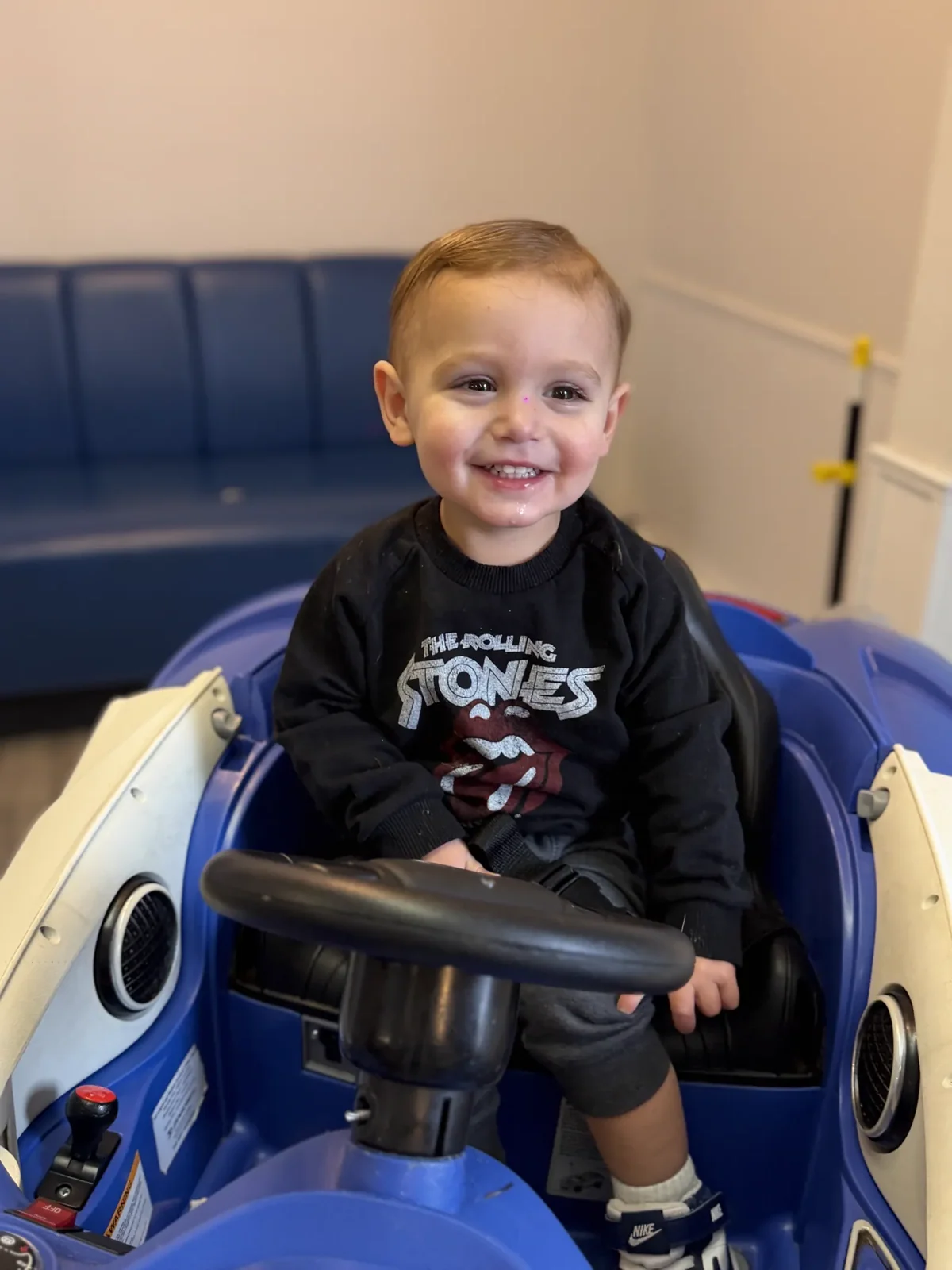 Buckled in and ready to roll in our signature car chair