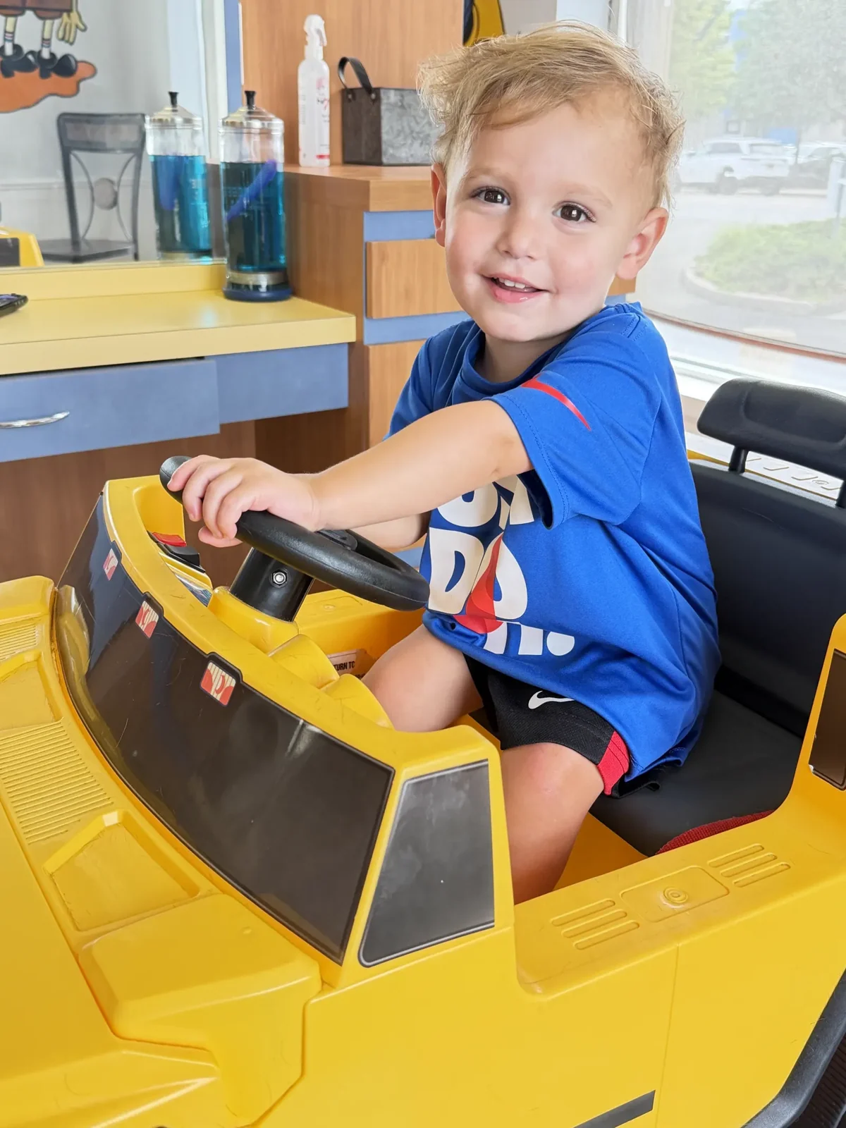 The yellow car chair is a favorite with toddlers